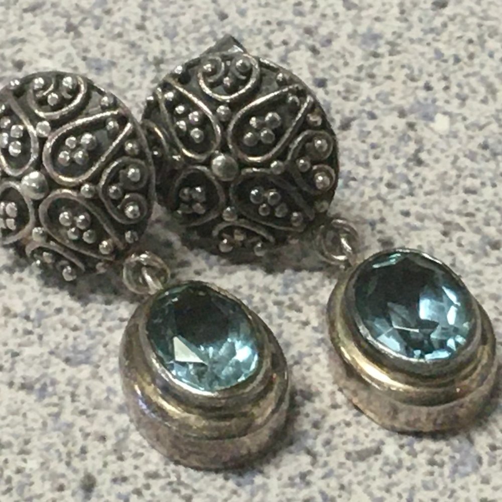 925 marcasite blue topaz dangling square shape earrings